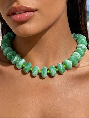 Green Marbled Bead Summer Choker Necklace